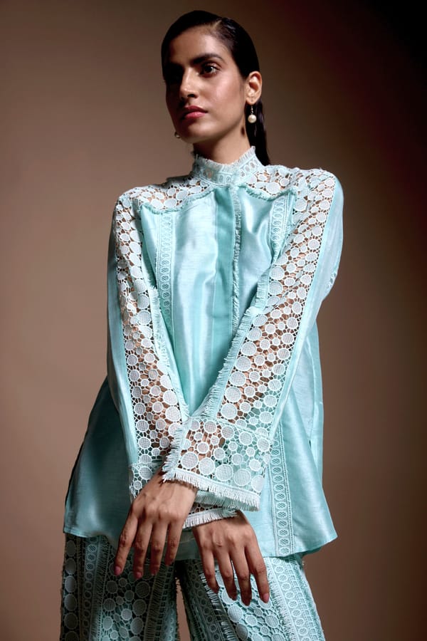 Spearmint Lace Panel Mandarin Collar Shirt-Style Top — Dash and Dot