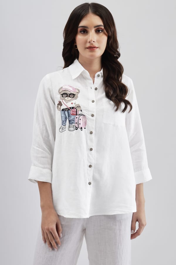 White Linen Button-Down Shirt with Chest Embroidery — Linen Bloom