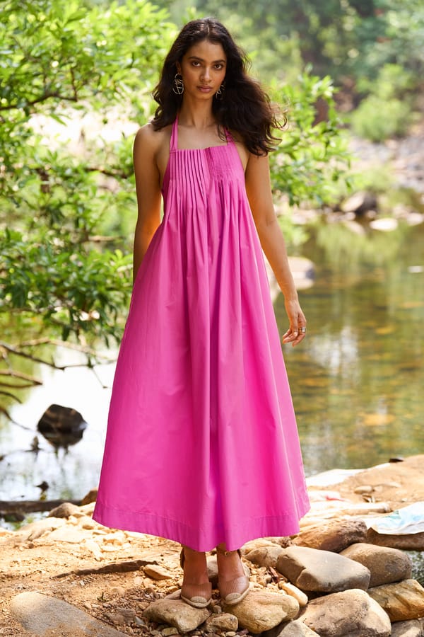 Fuchsia Poplin Halter Maxi Dress with Accordion Pleats — Dash and Dot