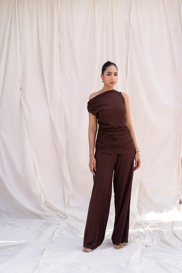 Brown One-Shoulder Ruched Top and Wide-Leg Pants Co-ord Set — Urban Suburban