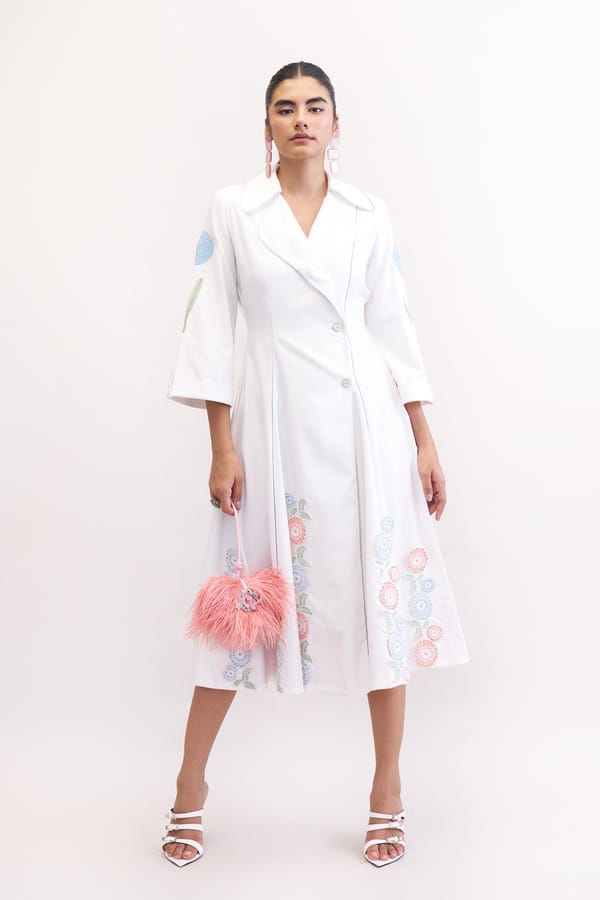 White Cotton Denim Wrap Midi Dress with Embroidery — Our Love