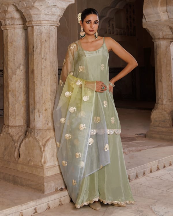 Pastel Green Silk Embroidered Sharara Set — Bannhi by Priyanka Rathore