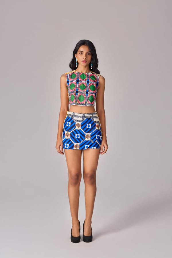 Multi Abstract Print High Neck Crop Top and Skort Co-ord Set — Saaksha and Kinni