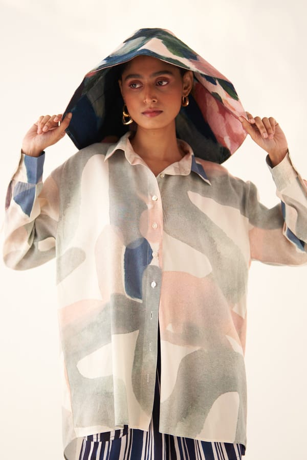 Abstract Printed Anti-Fit Longline Shirt in Blue — Ofrida