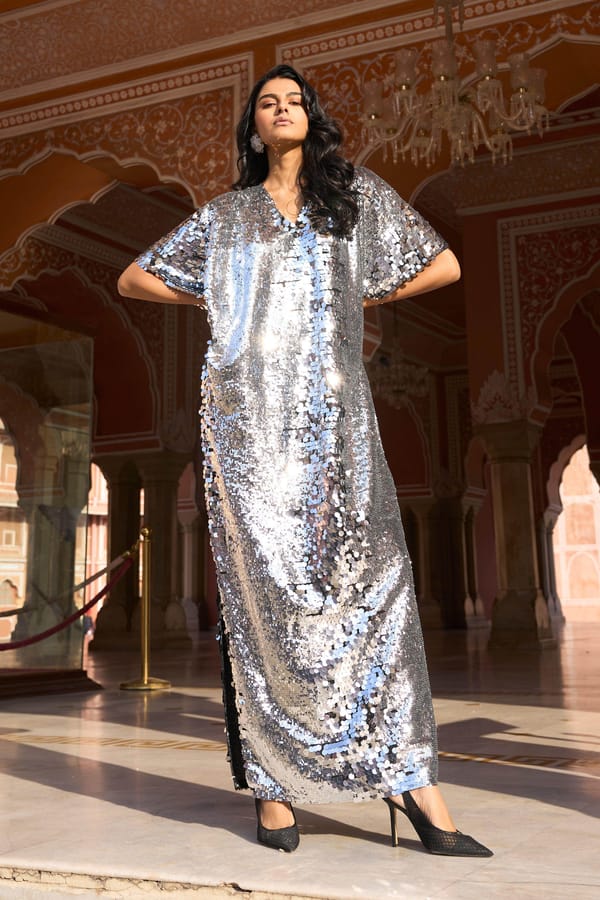 Silver Sequin Kaftan Maxi Dress with V-Neck — Dash and Dot