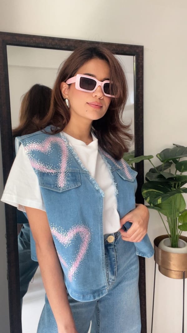 Pink Heart Swarovski Denim Gilet — CLOSET AFFAIR