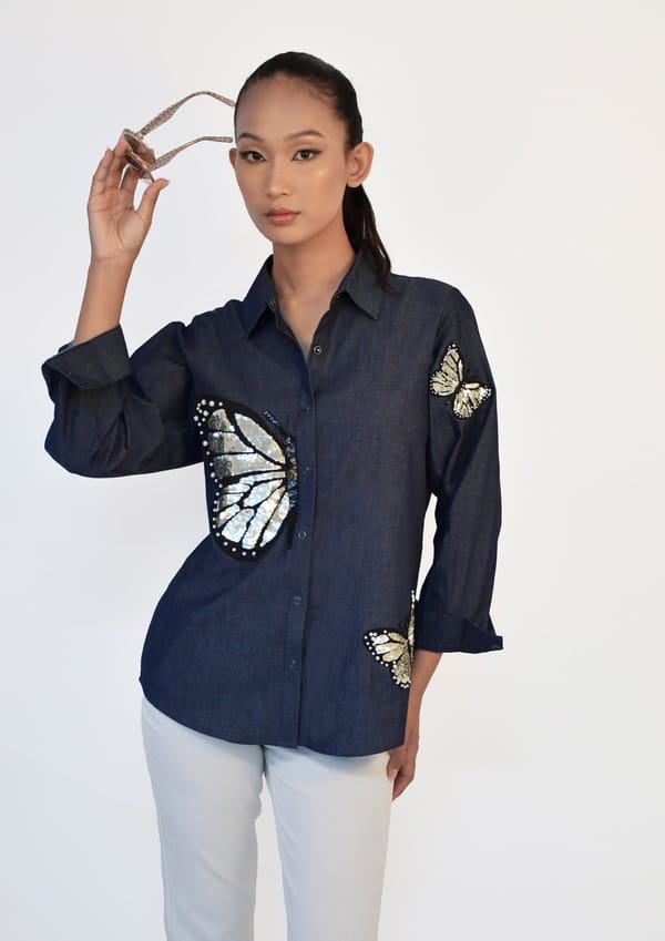 Blue Denim Comfort Fit Shirt with Sequin Embroidery — Richa Goenka