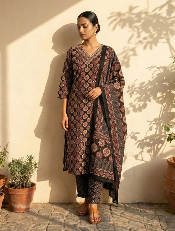 Print Embroidered V-Neck Kurta Pant Dupatta Set — Truebrowns