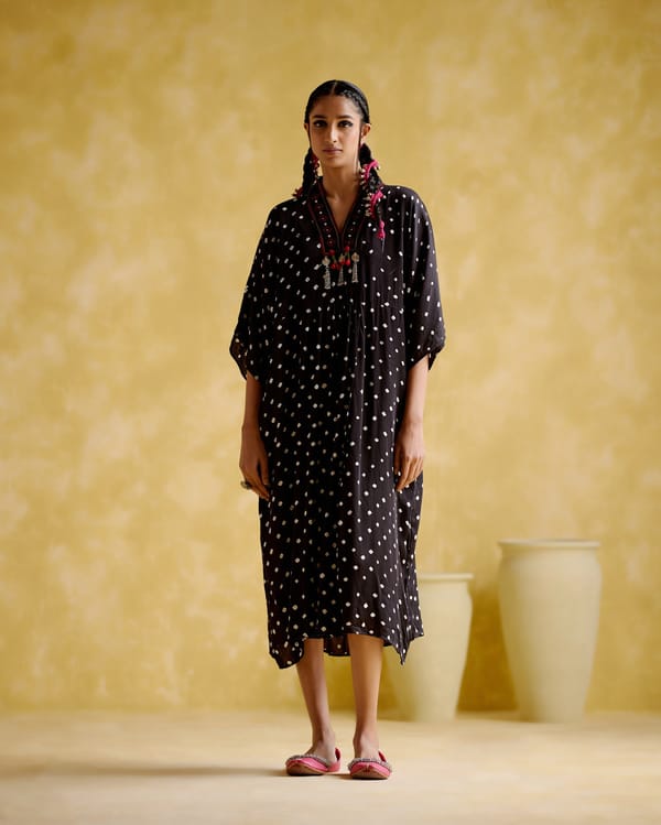 Black Printed Kaftan with Mirror-Work V-Neck — 5 Elements