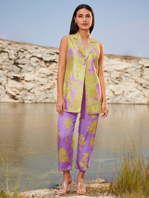 Purple and Yellow Printed Satin Co-ord Set — House of Soi