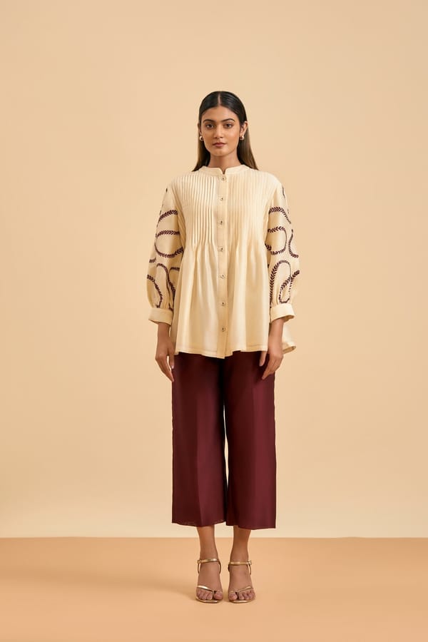 Ivory Pintuck Shirt and Maroon Pants Co-ord Set — Origani