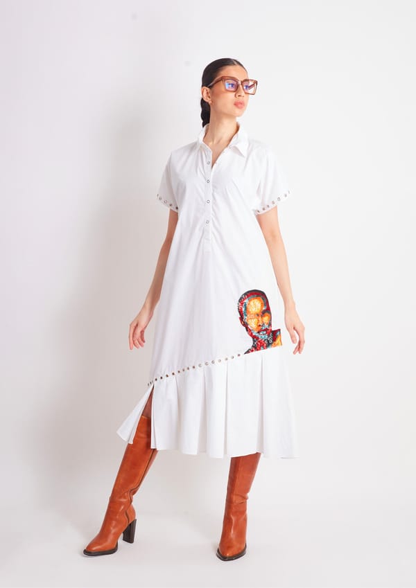 White One Piece Cotton Dress with Embroidery — Richa Goenka