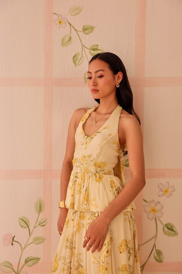 Yellow Floral Halter Neck Peplum Chiffon Top — Sage by Mala