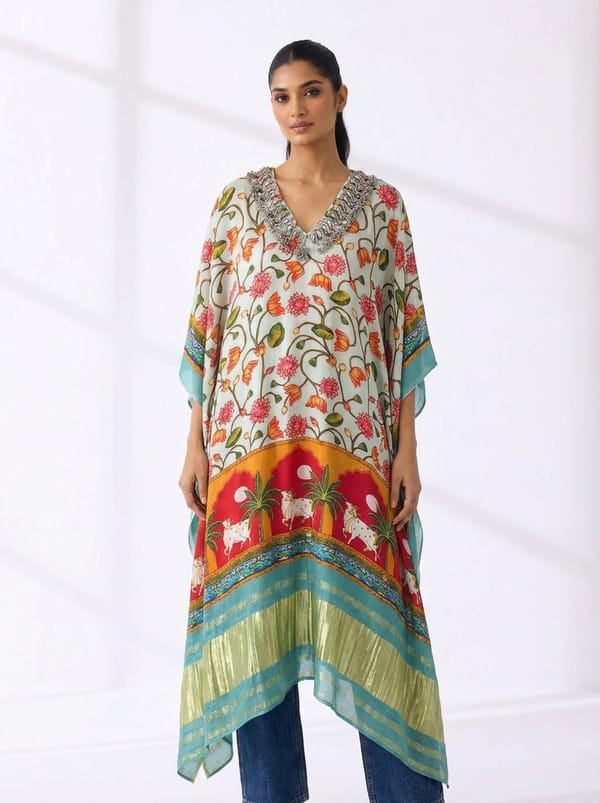 Embellished Printed Mint Kaftan — 5 Elements