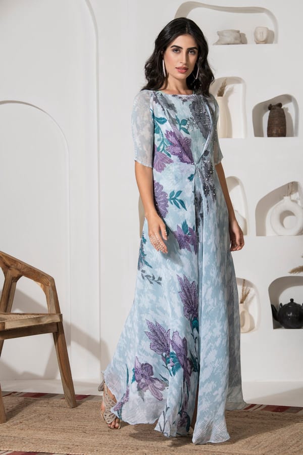Blue Floral Lurex Chiffon Kaftan Top and Palazzo Co-ord Set — PREETI MEHTA