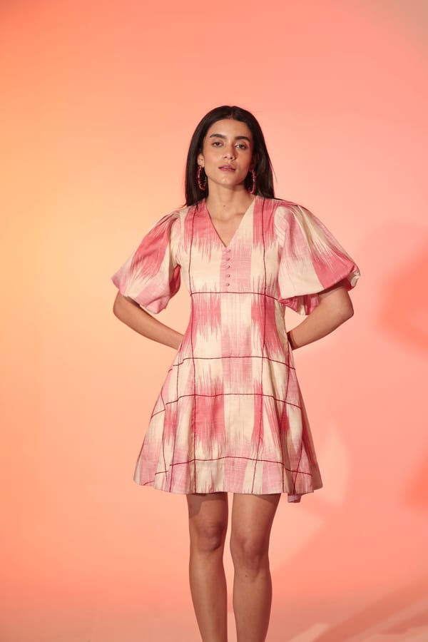 Pink and Cream Printed Fit and Flare Mini Dress — MANVI DAGA STUDIO