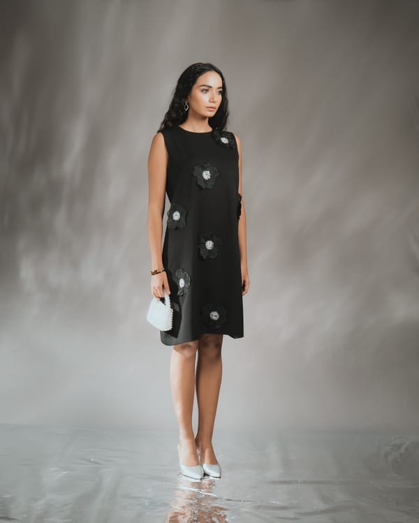 Black A-Line Knee-Length Dress with 3D Floral Applique — Darling Girl
