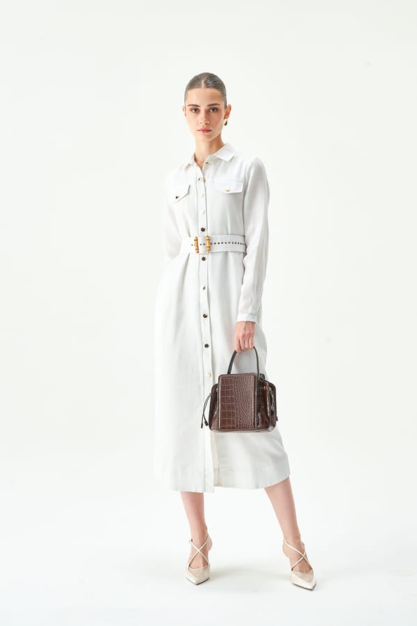 Off-White Linen Belted Midi Shirt Dress — NOTEBOOK