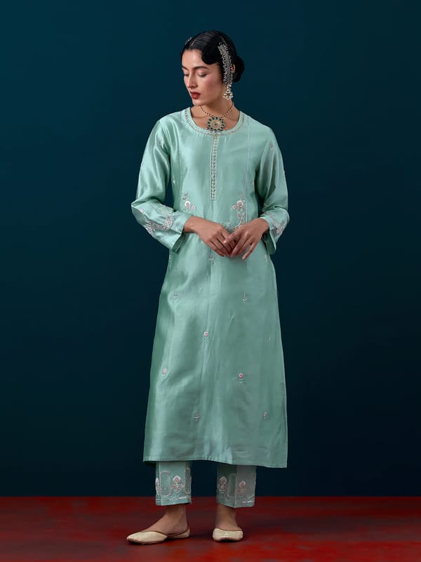 Dull Blue Silk Chanderi Embroidered Kurta Set with Pants — Anantaa