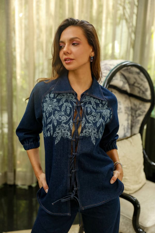 Dark Blue Denim Co-ord Set with Lace-Up Top and Wide-Leg Pants — KAY KAY