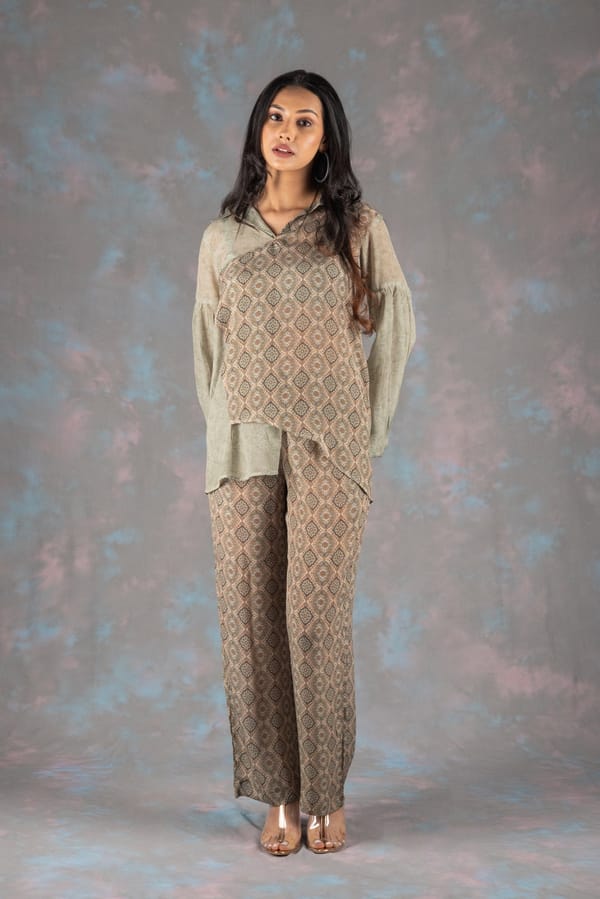 Pista Green Printed Shirt and Wide-Leg Pants Co-ord Set — NEETIKA CHOPRA