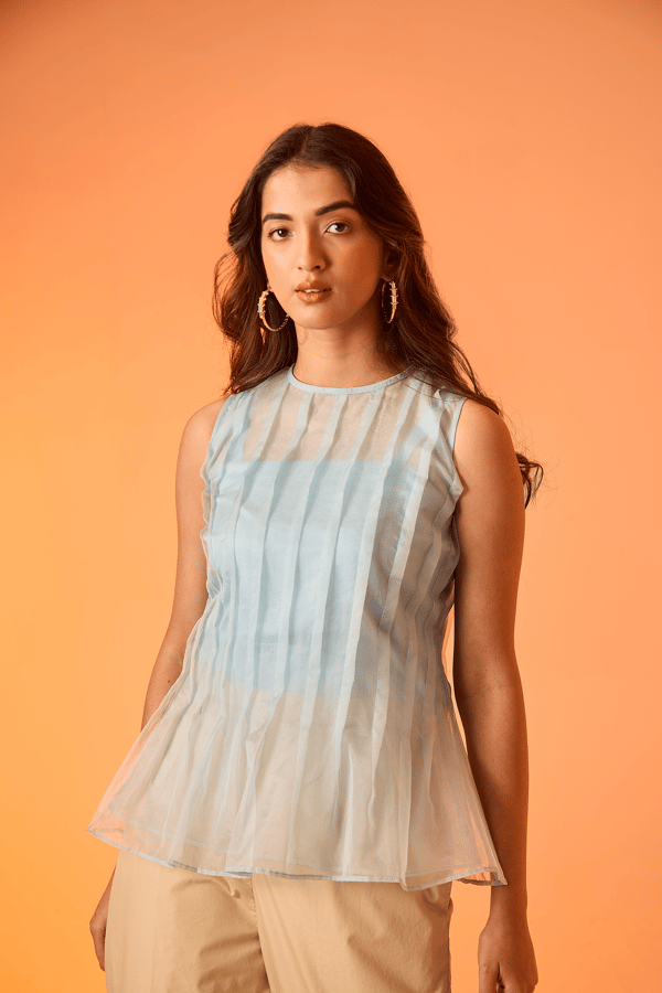 Blue Organza Knife-Pleated Peplum Top with Inner — An'era by Asmita Verma