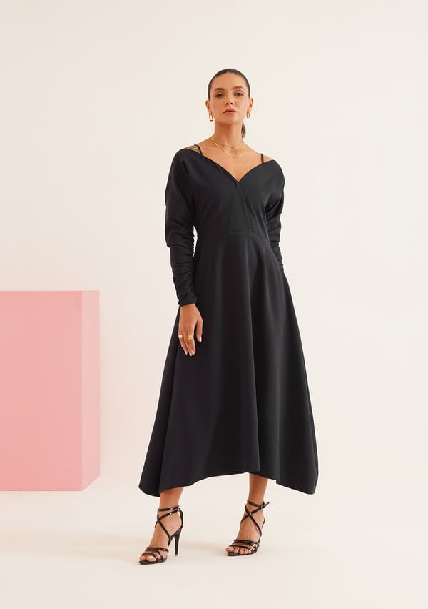 Navy Off-Shoulder Fit and Flare Midi Dress — AMOSHI
