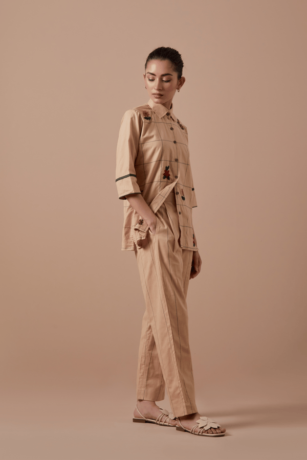 Beige Hemp Cotton Straight-Leg Regular-Fit Trousers — SHIBUI