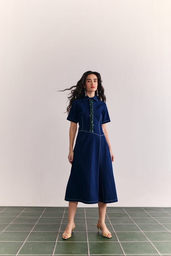 Denim Embellished Placket Midi Dress — HOUSE OF HEATHER
