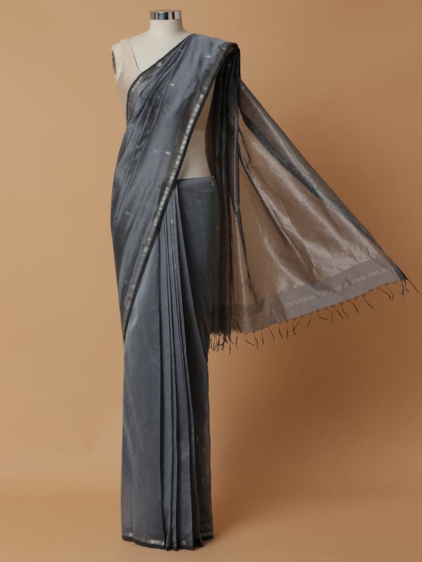 Maheshwari Cotton Silk Grey Chameli Butta Silver — BINKS