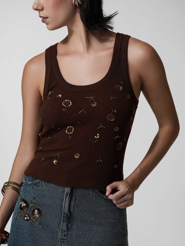 Brown Beaded Floral Tank Top — The Clothing Factory
