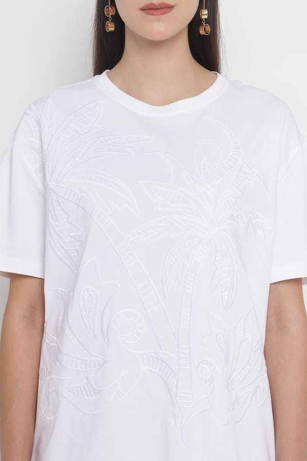 White Cotton Jersey T-Shirt with Tonal Embroidery — SILVIAN HEACH
