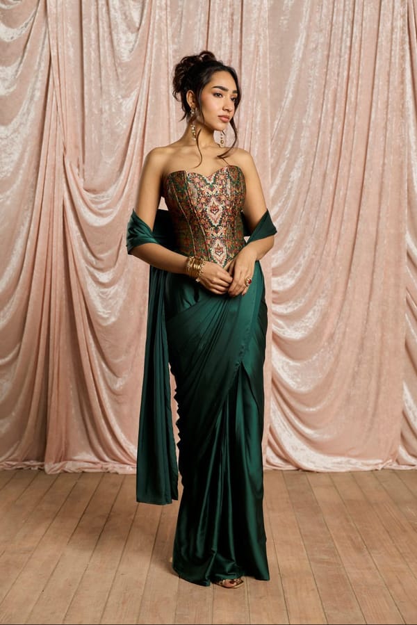 Hansika Emerald Brocade Corset Draped Saree Set — Lea Clothing