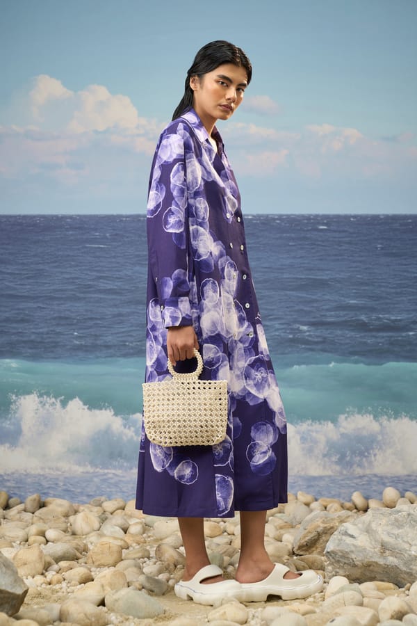 Purple/Navy Abstract Print Cotton Poplin Shirt Dress — Genes Lecoanet Hemant