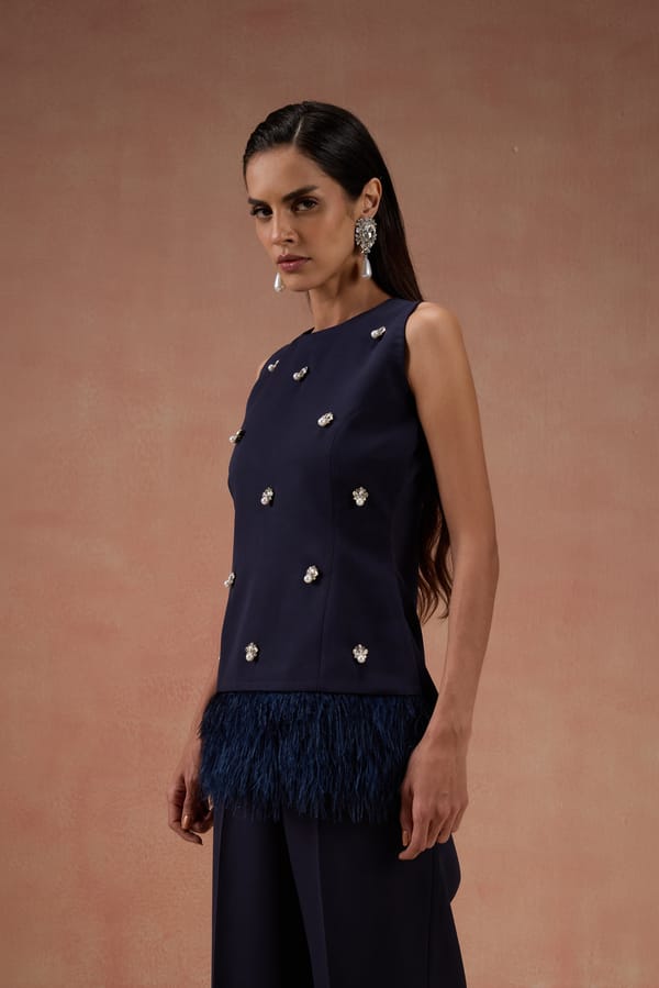Navy Embellished Feather Co-Ord Set — Label IRIS