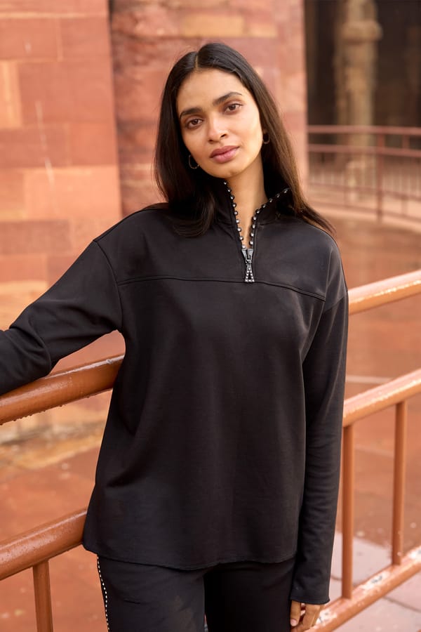 Black Crystal Zip-Neck Relaxed Fit Knit Top — Dash and Dot