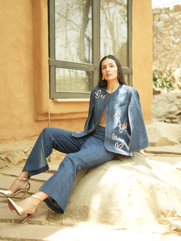 Blue Denim Embroidered Cape and Bell Bottom Co-ord Set — AKSH
