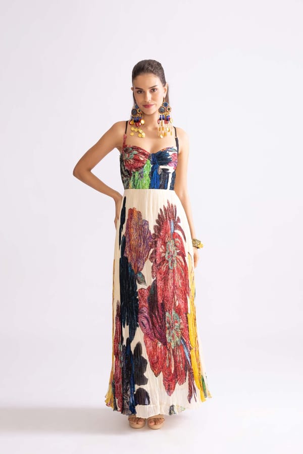 Multi Daisy Print Micro-Pleated Chiffon Maxi Dress — Saaksha and Kinni