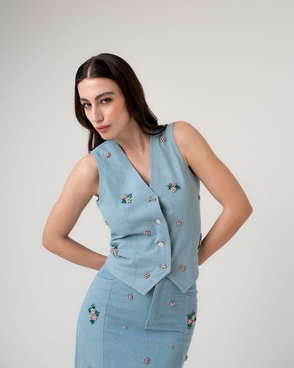 Rosalie Crystal Denim Waistcoat — MAGIA