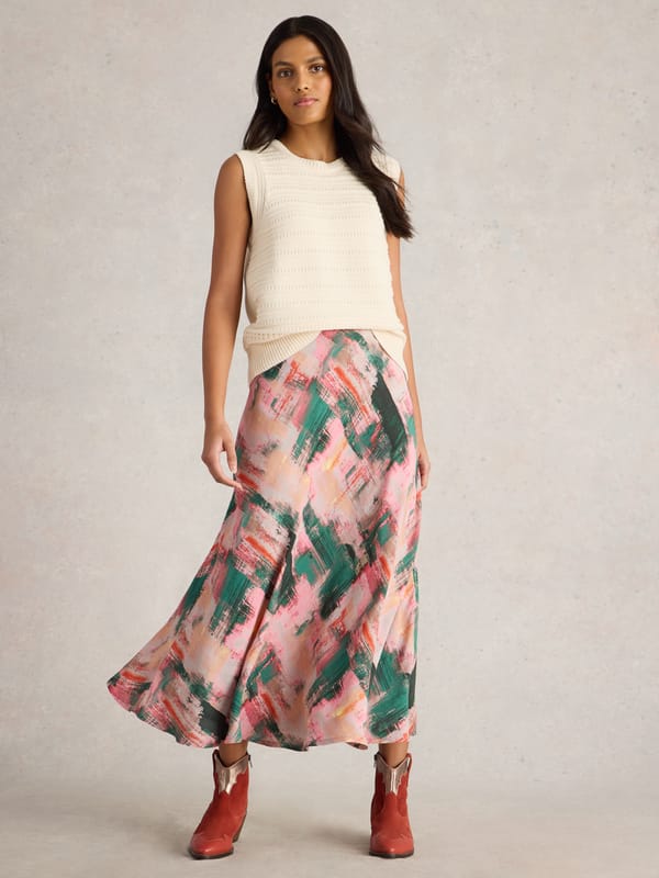 Pink Abstract Printed Bias-Cut Maxi Skirt — White Stuff