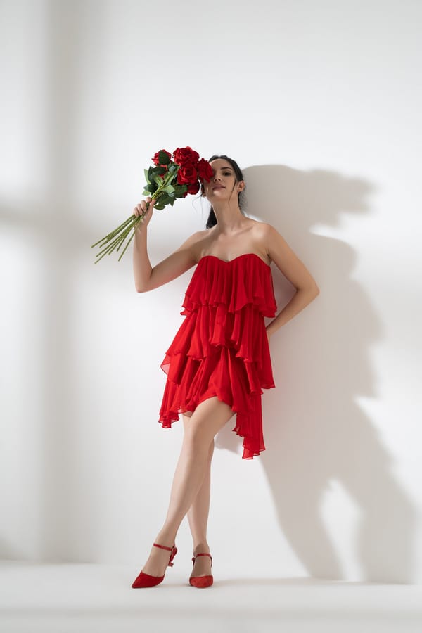 Red Strapless Ruffled Mini Dress — AMRTA BY GUNEET KONDAL