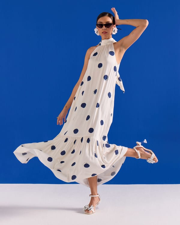 Blue/White Polka Dot Halter Neck Tiered Maxi Dress — ZAZU