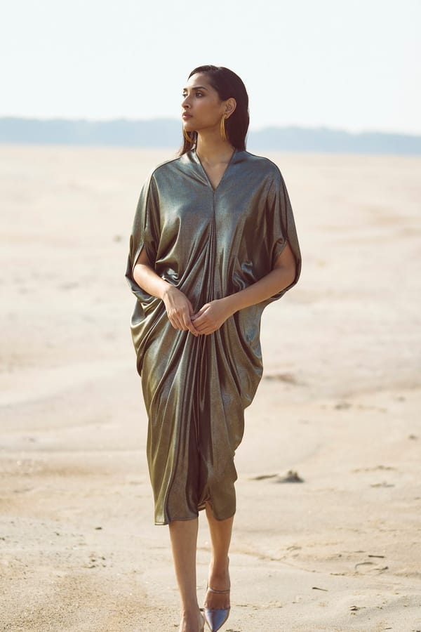 Metallic Green Foil Drape Kaftan — Dash and Dot
