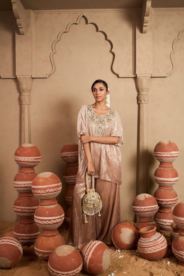 Blush Silver Tissue Embroidered Kaftan Co-ord Set — TASUVURE