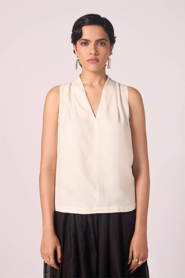 Off White Sleeveless Silk Twill Stripe V-Neck Top — The Summer House