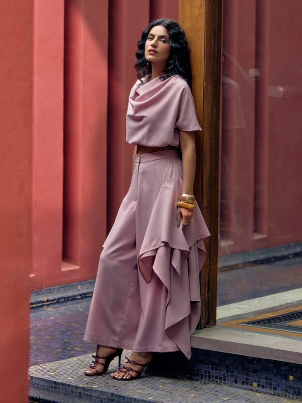 Pastel Pink High-Waist Wide-Leg Tiered Panel Trousers — HOUSE OF FETT