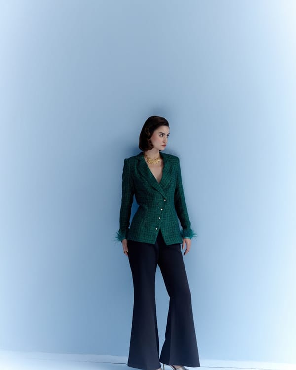Deep Green Checked Tweed Blazer with Pearl Buttons — KAYSHO