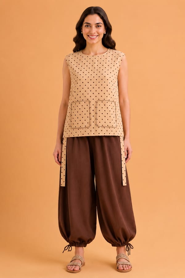 Beige Polka Dot Sleeveless Tunic Top with Patch Pockets — ANISETTE