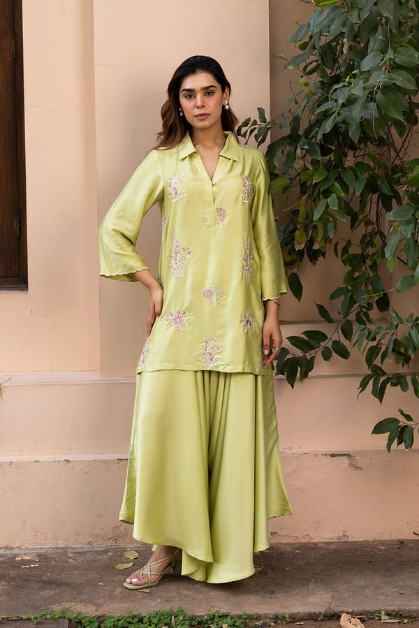 Ziya Green Embroidered Top with Asymmetrical Pants — INCHING INDIA