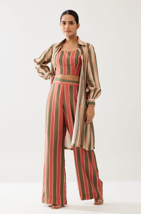 Green, Cream And Red Stripe Long Shirt — KoAi